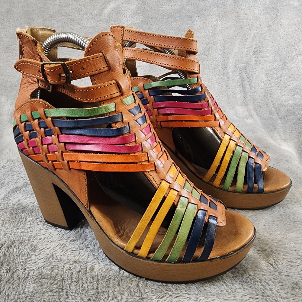 Mexicanita Handmade Sandals Womens Size 26 Rainbow Leather Huarache Block Heel